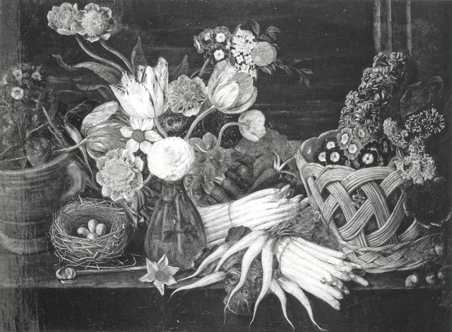 Anonimo — Snyers Pieter - sec. XVIII - Natura morta con vaso e cesto di fiori, carote, rape e nido con uova — insieme